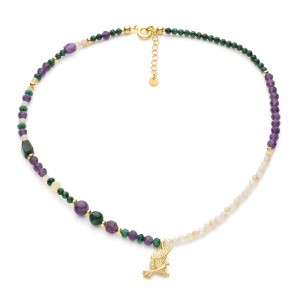 Choker z cytrynu, malachitu i ametystu, srebro pozłacane