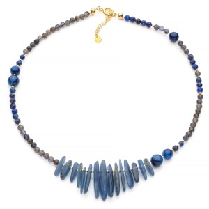 Choker z kianitu, lapis lazuli i lolitu, srebro pozłacane