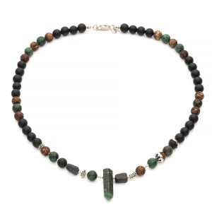 Męski naszyjnik z onyksu, agatu, turkusu i  awenturynu, srebro oksydowane