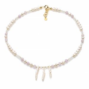 Choker z pereł słodkowodnych, szlachetnego kunzytu i kamienia księżycowego, srebro pozłacane