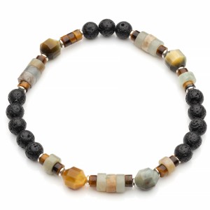 Męska bransoleta z lawy wulkanicznej, akwamarynu i tygrysiego oka, srebro