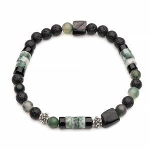 Męska bransoleta z lawy wulkanicznej, onyksu, agatów i hiperstenu, srebro  oksydowane