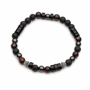 Męska bransoleta z lawy wulkanicznej, onyksu, hematytu i bawolego oka, srebro  oksydowane