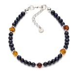 Bransoletka z czarnych pereł słodkowodnych i bursztynu bałtyckiego, srebro