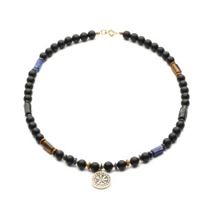 Naszyjnik z kamieni naturalnych z runicznym kompasem wikingów - Vegvisir, srebrem pozłacanym i żywicą