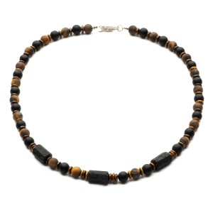 Męski naszyjnik z tygrysiego oka, matowego onyksu i surowego turmalinu