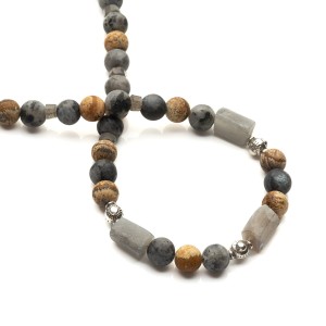 Męski naszyjnik z larvikitu, jaspisu krajobrazowego i labradorytu