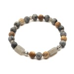 Elastyczna bransoleta z larvikitu, jaspisu krajobrazowego i labradorytu, srebro oksydowane
