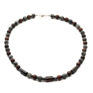 Męski naszyjnik z bawolego oka, matowego larvikitu i szarej masy perłowej