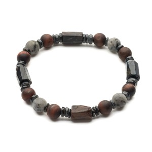 Elastyczna bransoleta z bawolego oka, matowego larvikitu i szarej masy perłowej