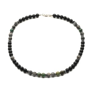 Męski naszyjnik z matowego onyksu, larvikitu, turkusu afrykańskiego i szarej muszli