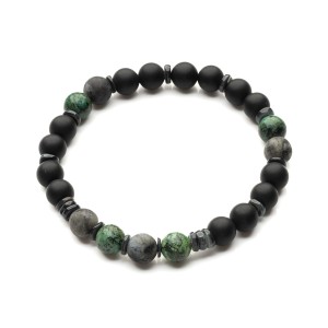 Elastyczna bransoleta z matowego onyksu, larvikitu, turkusu afrykańskiego i szarej muszli