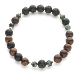 Męska bransoleta z egzotycznej gruszy chińskiej, szmaragdów i lawy wulkanicznej