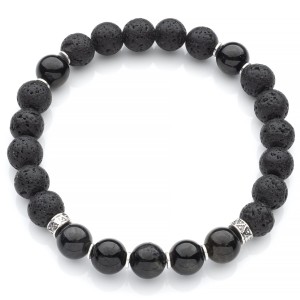 Bransoletka z lawy, czarnych turmalinów i  srebra