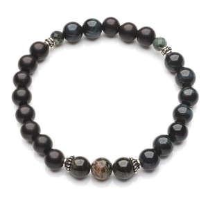 Męska bransoleta z egzotycznego hebanu, sokolego oka, szmaragdu i turmalinu 