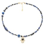 Naszyjnik z Lapis Lazuli i turmalinu klasy AAA z ręką Fatimy, srebro pozłacane