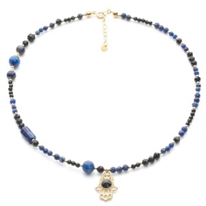 Naszyjnik z Lapis Lazuli i turmalinu klasy AAA z ręką Fatimy, srebro pozłacane