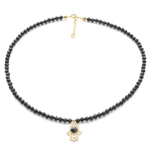 Naszyjnik z czarnego turmalinu AAA z ręką Fatimy, srebro pozłacane