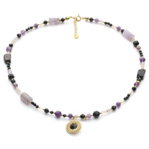 Naszyjnik z ametystu, turmalinu AAA i cytrynu, srebro pozłacane