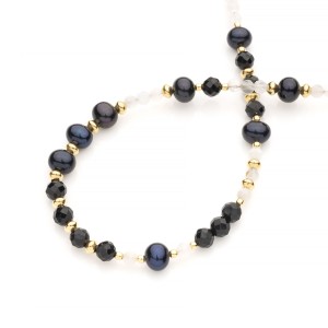 Choker z czarnej perły, turmalinu AAA i kamienia księżycowego, srebro pozłacane